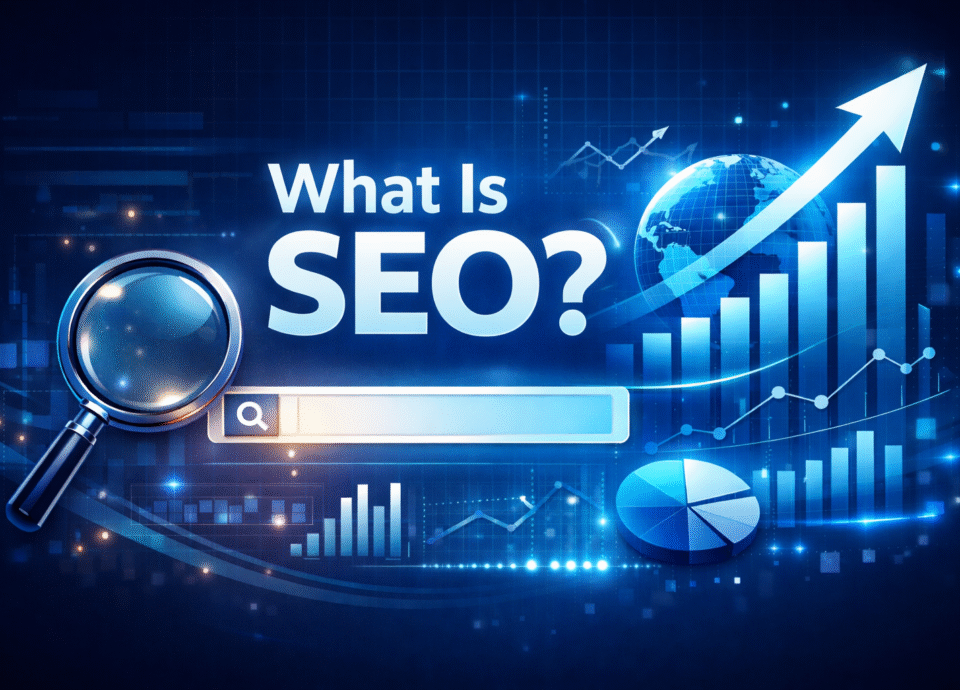 What is SEO with search engine optimization and growth analytics illustration