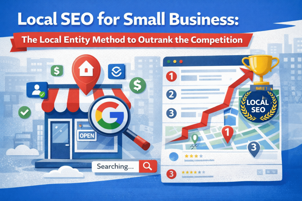 Local SEO for small business illustration showing storefront, Google search magnifying glass, map rankings, and growth chart to outrank competitors.