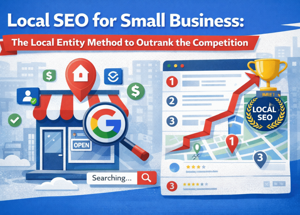 Local SEO for small business illustration showing storefront, Google search magnifying glass, map rankings, and growth chart to outrank competitors.