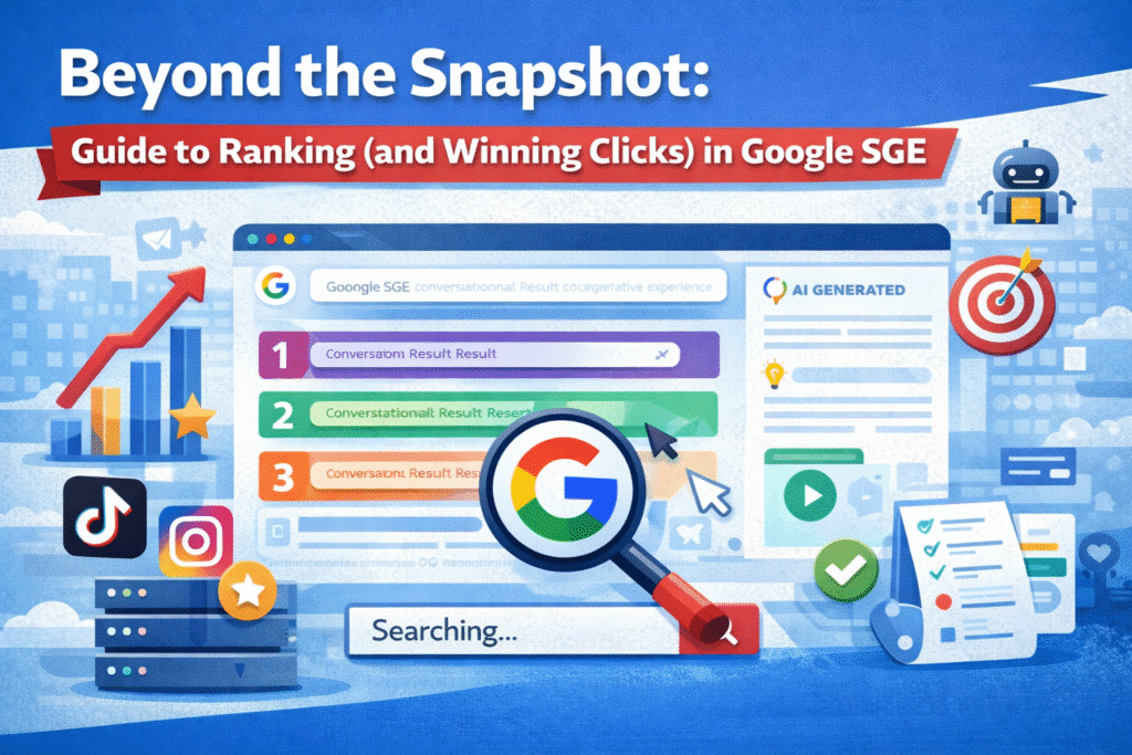 Google SGE ranking illustration showing AI generated search results, magnifying glass over Google logo, growth chart, and social media icons.