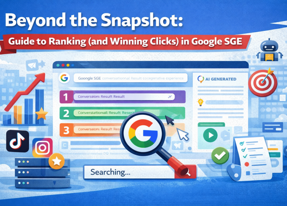 Google SGE ranking illustration showing AI generated search results, magnifying glass over Google logo, growth chart, and social media icons.