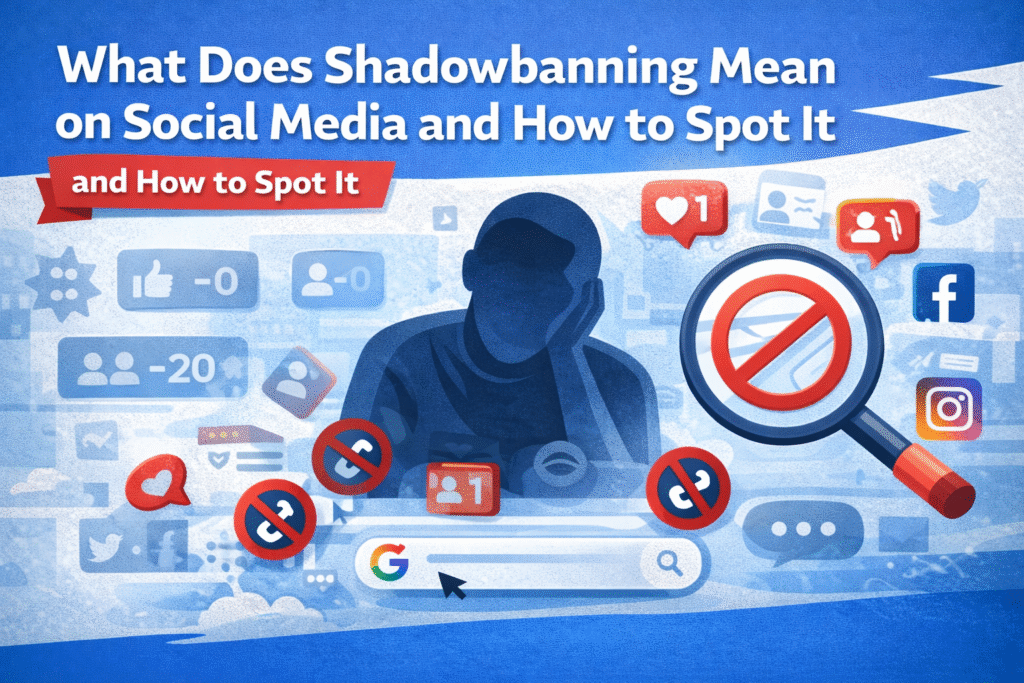 Shadowbanning concept illustration showing social media icons, blocked symbols, low engagement notifications, and magnifying glass detecting restricted visibility.