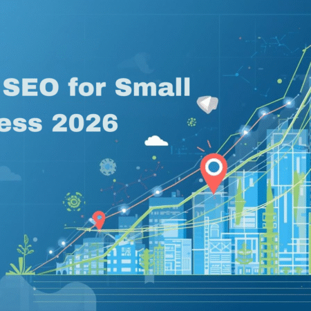 Local SEO for small business in 2026 illustrated with an upward growth chart, city skyline, location pins, and ranking performance indicators.