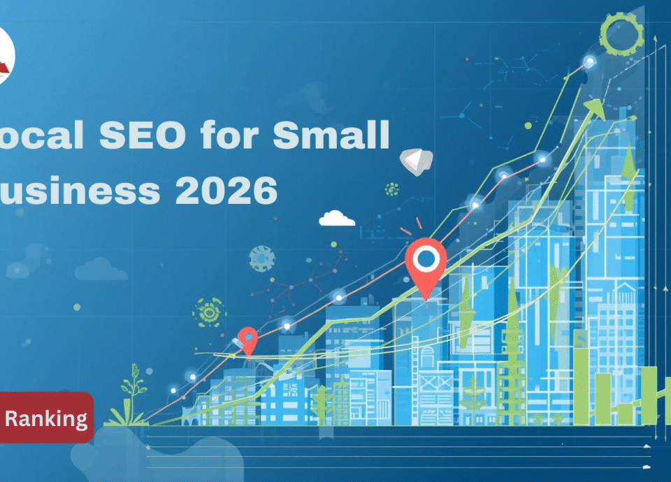Local SEO for small business in 2026 illustrated with an upward growth chart, city skyline, location pins, and ranking performance indicators.