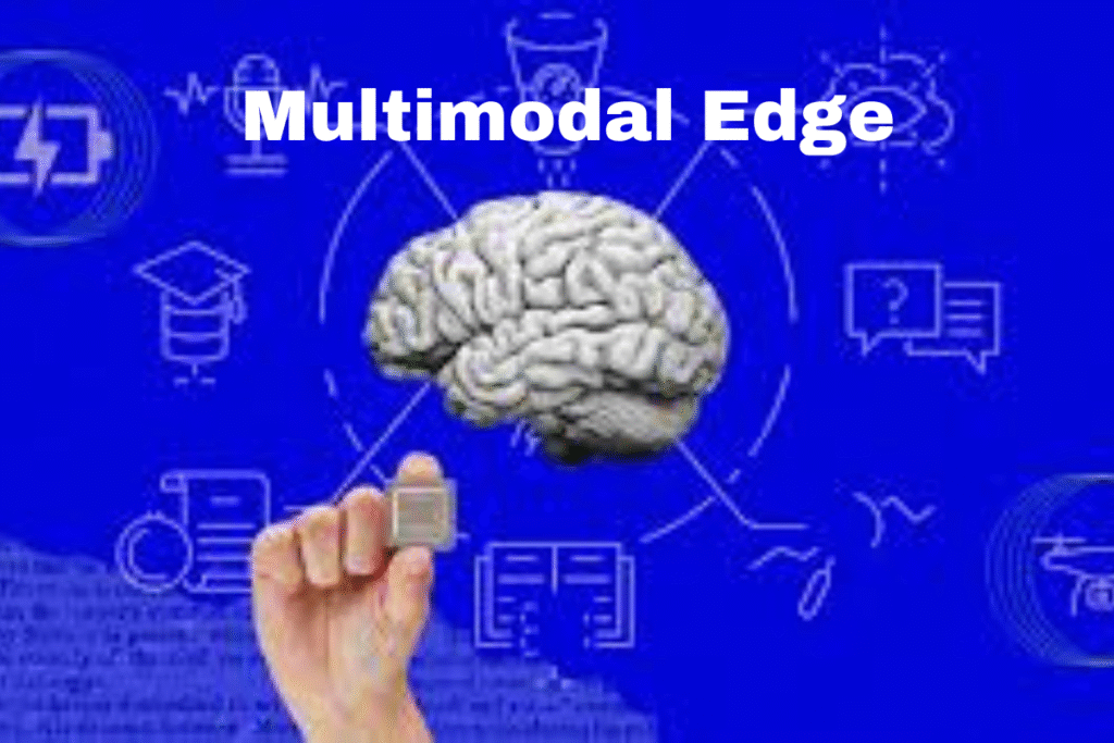 Human hand holding a microchip in front of a digital brain with multimodal technology icons, representing multimodal edge AI and intelligent computing.
