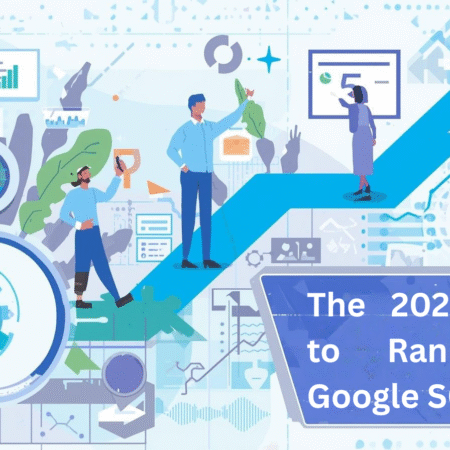 Illustration showing a team analyzing data, charts, and AI elements while moving upward on a growth arrow, representing a 2026 guide to ranking in Google Search Generative Experience.