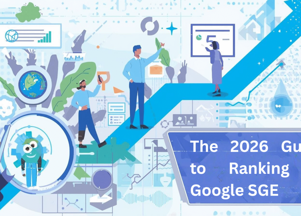 Illustration showing a team analyzing data, charts, and AI elements while moving upward on a growth arrow, representing a 2026 guide to ranking in Google Search Generative Experience.