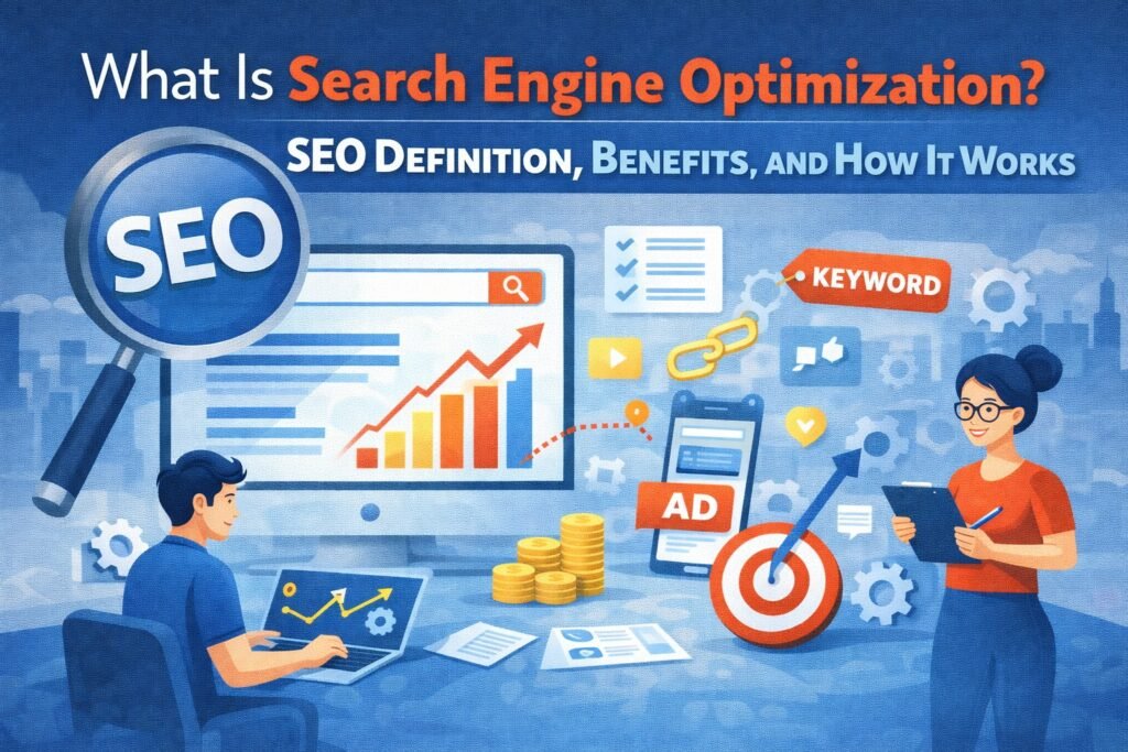 Illustration explaining search engine optimization (SEO) with a magnifying glass over SEO text, growth charts, keyword tag, backlinks, target board, and analytics dashboard.