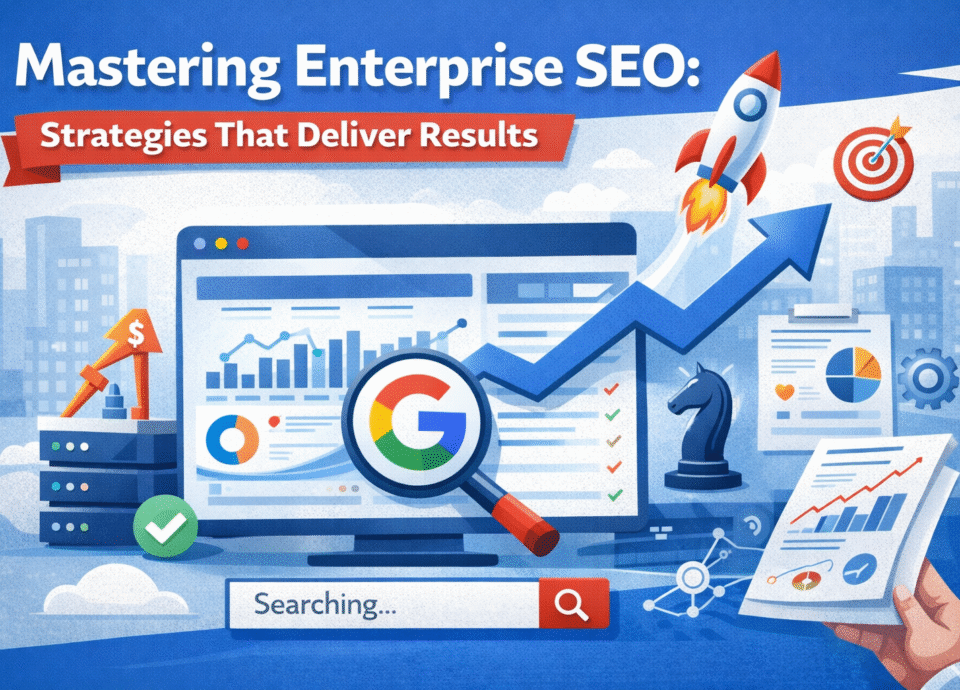 Enterprise SEO illustration showing Google search analytics dashboard, growth arrow, rocket launch, and ranking reports symbolizing scalable SEO success.