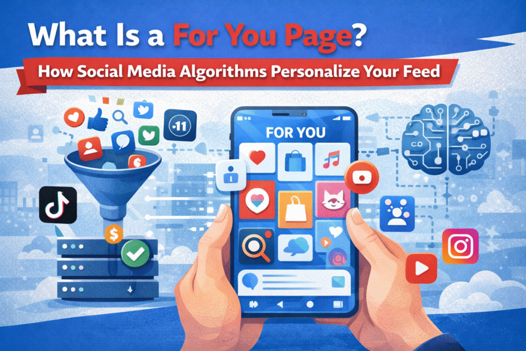 Illustration of a smartphone displaying a For You Page with personalized social media content, app icons, and AI algorithm visualization.