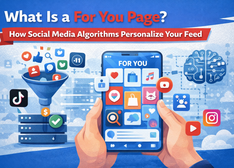 Illustration of a smartphone displaying a For You Page with personalized social media content, app icons, and AI algorithm visualization.
