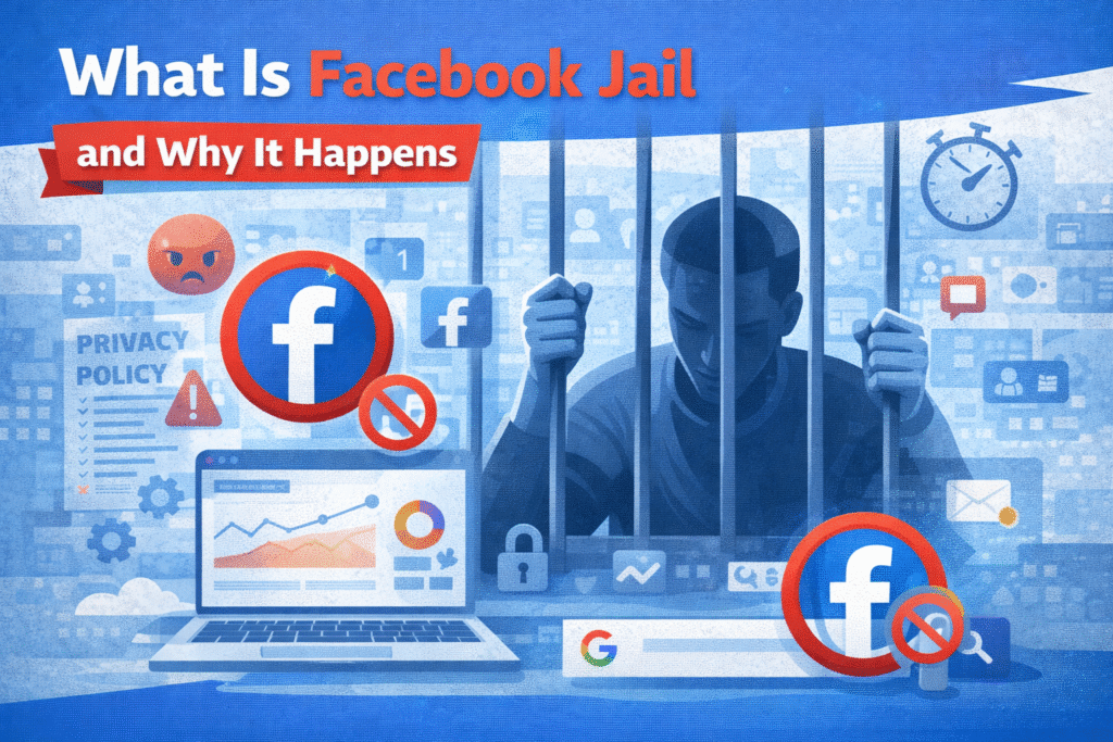 Illustration explaining Facebook Jail showing a user behind bars with Facebook logos, restriction symbols, privacy policy warning, and account suspension concept.