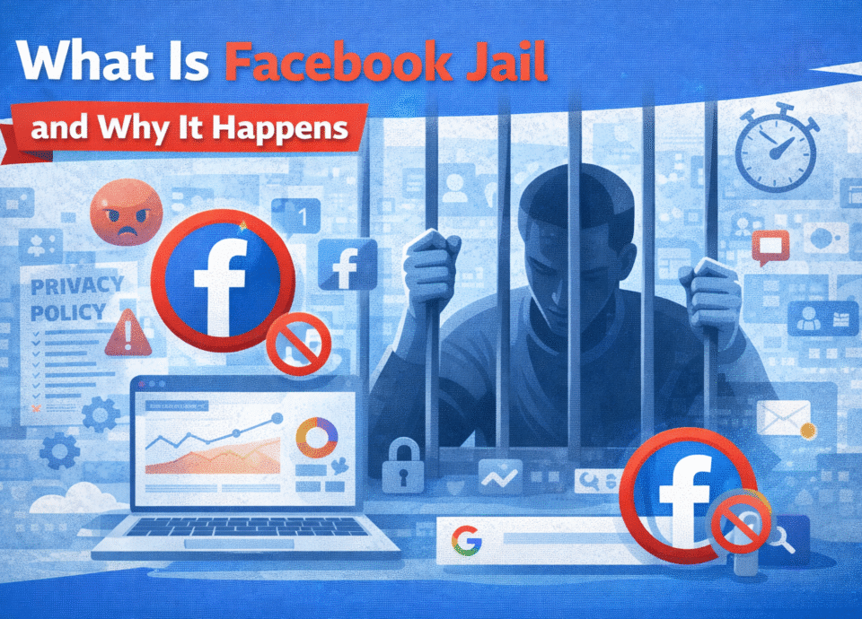 Illustration explaining Facebook Jail showing a user behind bars with Facebook logos, restriction symbols, privacy policy warning, and account suspension concept.