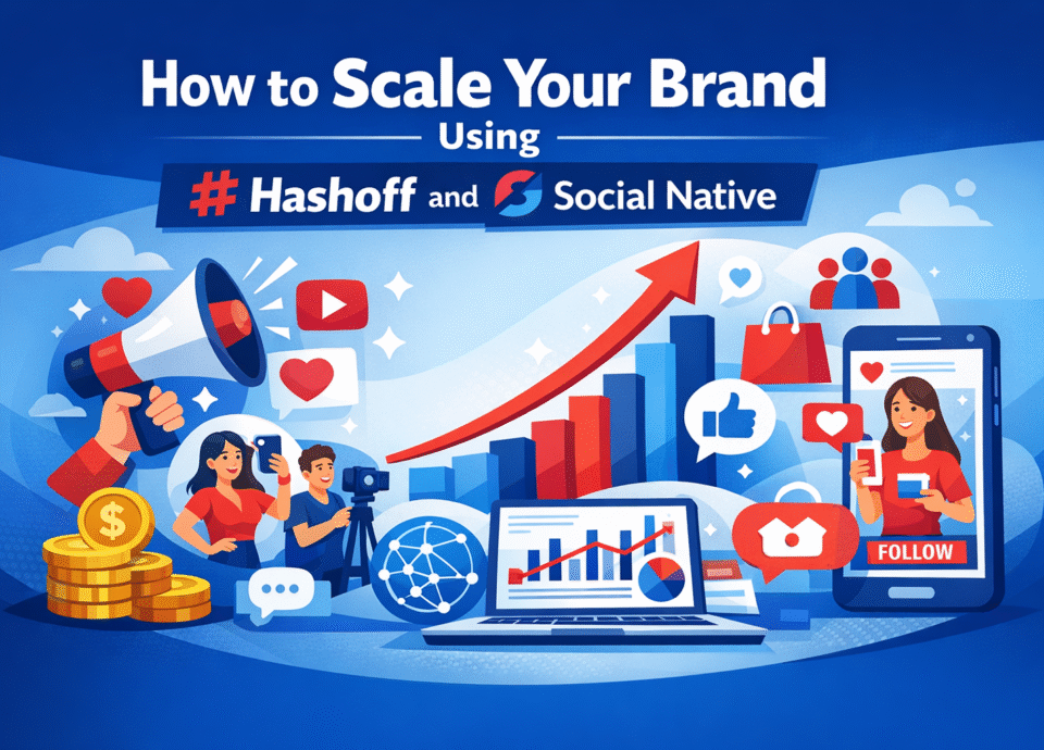 Illustration showing brand growth strategy using Hashoff and Social Native with influencers, social media icons, analytics dashboard, upward graph, and engagement symbols.