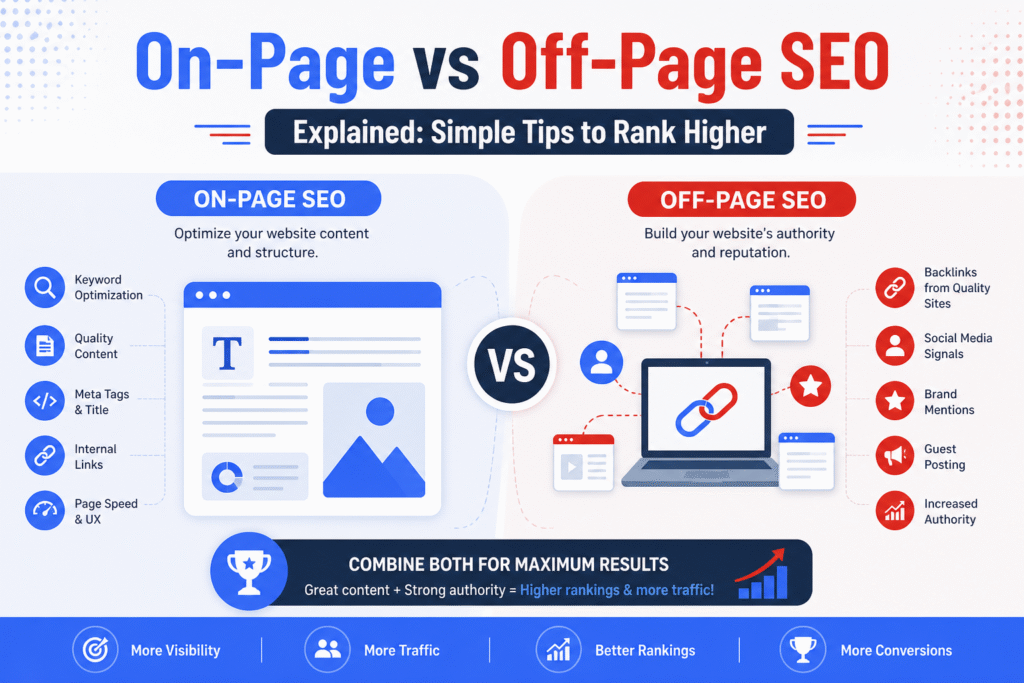 On-Page vs Off-Page SEO infographic showing key differences, optimization techniques, backlinks, content strategies, and tips to improve website rankings