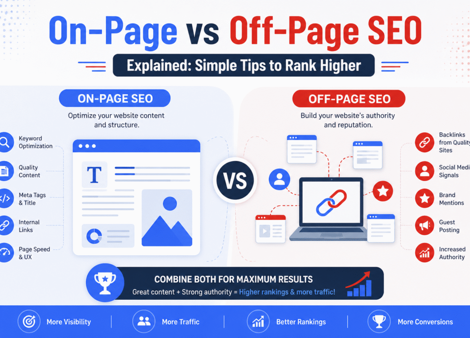 On-Page vs Off-Page SEO infographic showing key differences, optimization techniques, backlinks, content strategies, and tips to improve website rankings