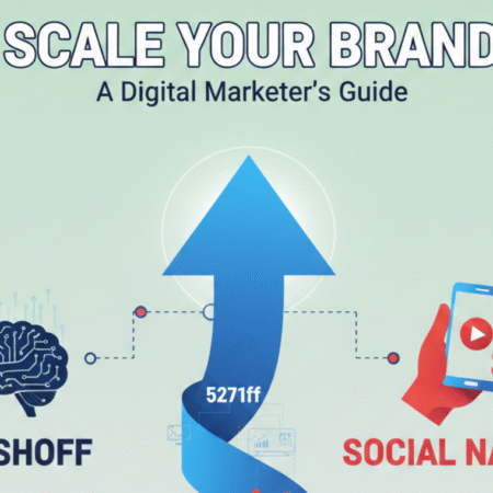 Scale your brand digital marketing guide featuring an upward growth arrow, AI brain icon, and social media mobile illustration