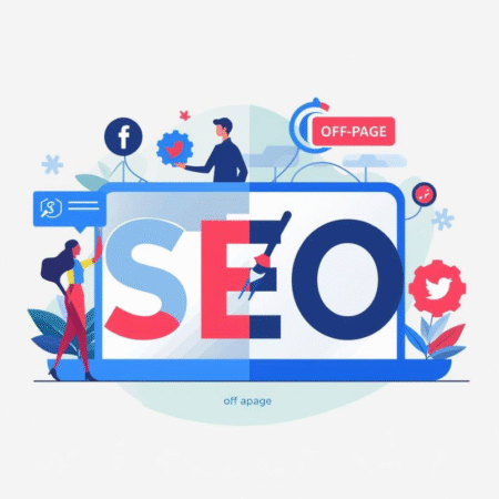 Illustration showing off-page SEO concepts with a large SEO screen, social media icons, and digital marketing elements in blue, red, and dark blue on a light grey background