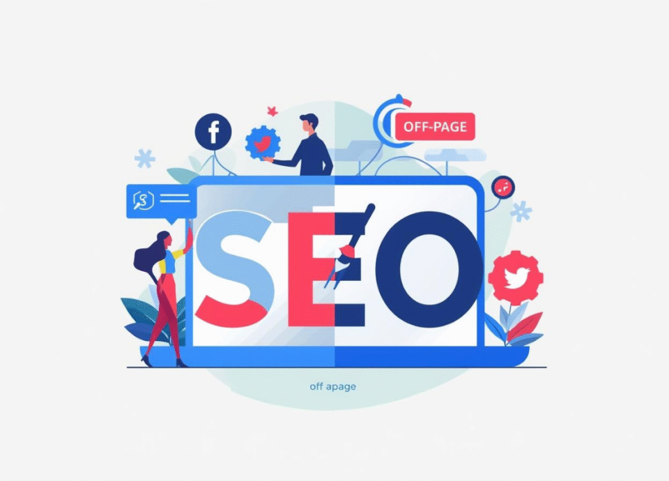Illustration showing off-page SEO concepts with a large SEO screen, social media icons, and digital marketing elements in blue, red, and dark blue on a light grey background