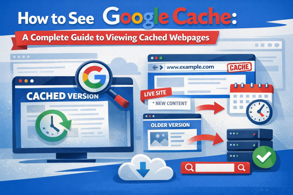 Illustration showing how to view Google Cache with cached version screen, live site comparison, older webpage version, calendar, clock, and Google search interface.
