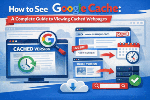 Illustration showing how to view Google Cache with cached version screen, live site comparison, older webpage version, calendar, clock, and Google search interface.