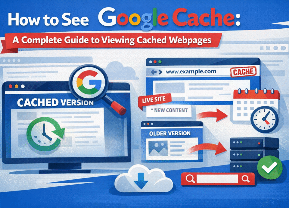 Illustration showing how to view Google Cache with cached version screen, live site comparison, older webpage version, calendar, clock, and Google search interface.
