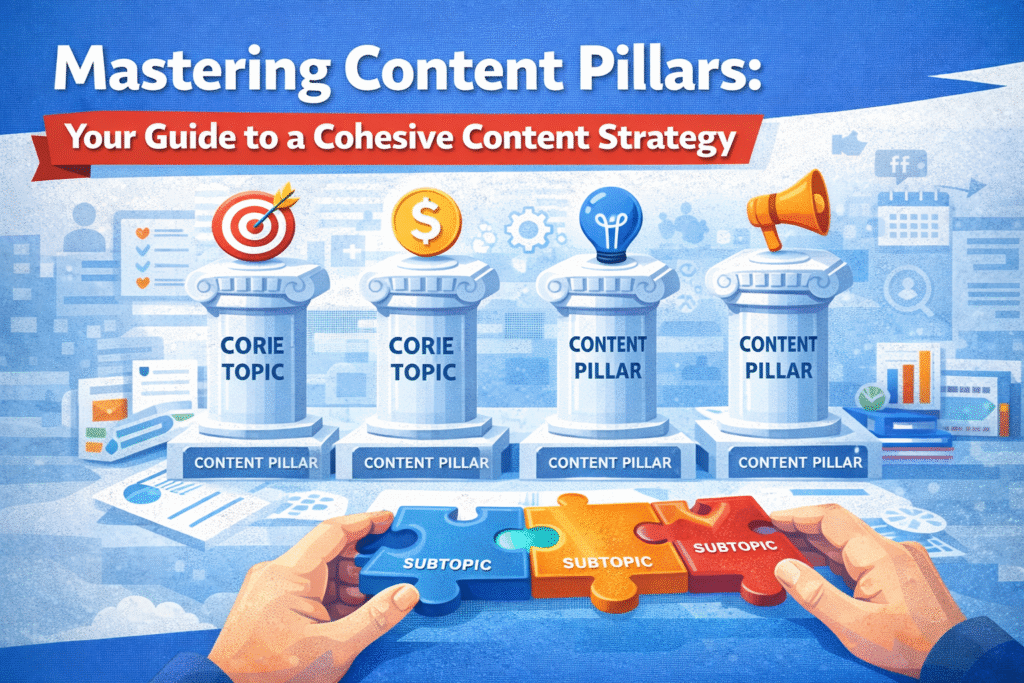 Illustration of content pillars strategy showing core topics on columns and subtopics as puzzle pieces forming a cohesive content marketing plan.