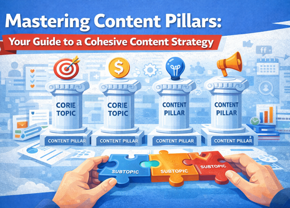Illustration of content pillars strategy showing core topics on columns and subtopics as puzzle pieces forming a cohesive content marketing plan.