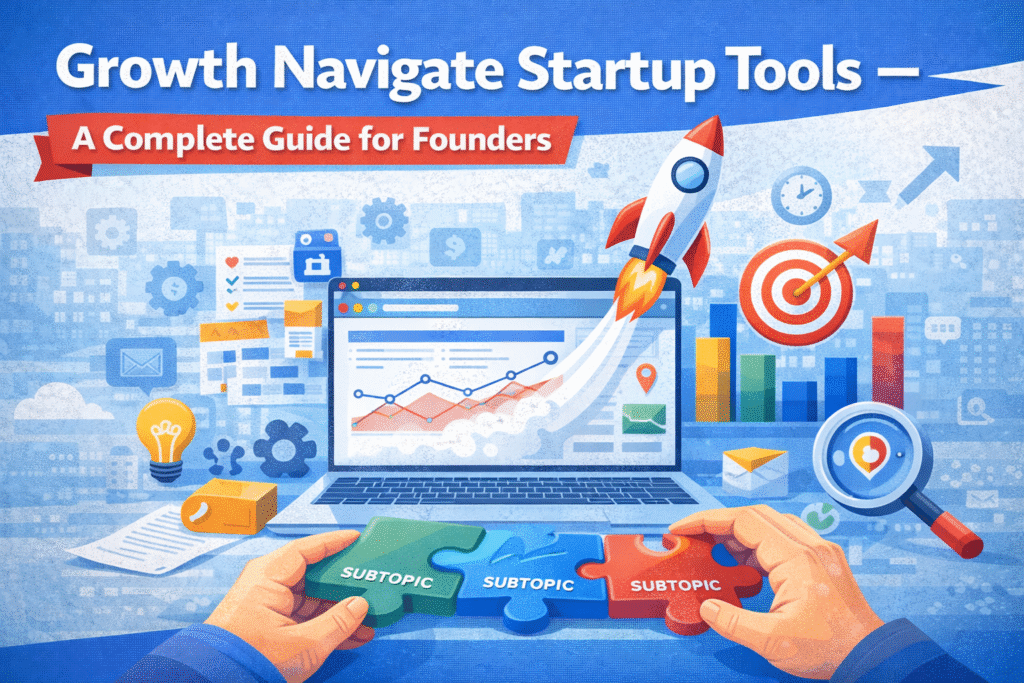 Illustration of startup growth tools with laptop analytics dashboard, rocket launch, target icon, bar charts, and subtopic puzzle pieces for founders.