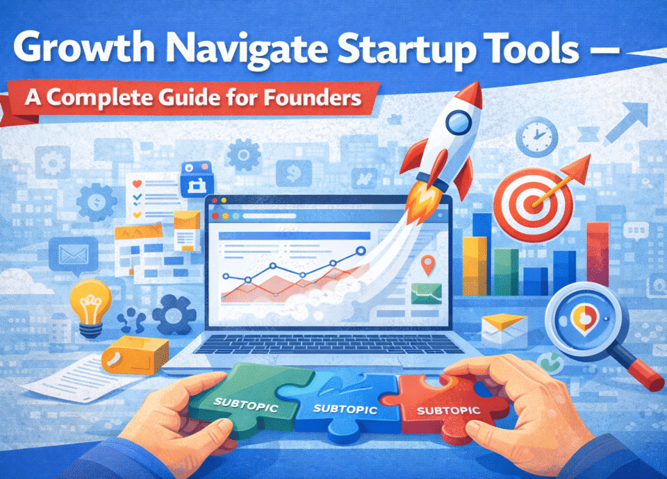 Illustration of startup growth tools with laptop analytics dashboard, rocket launch, target icon, bar charts, and subtopic puzzle pieces for founders.