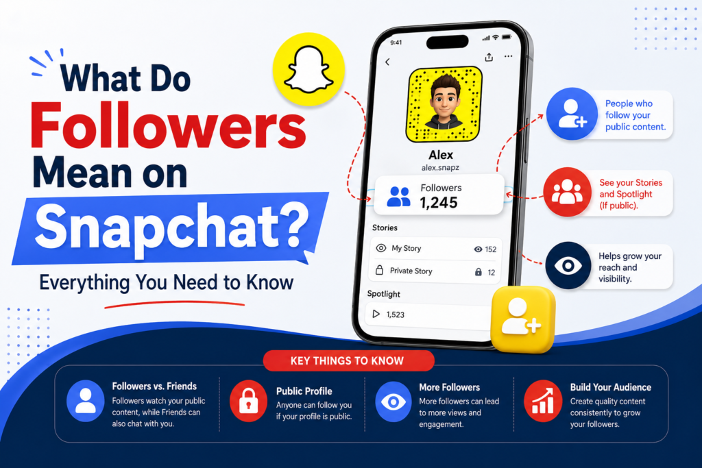 Infographic explaining what followers mean on Snapchat, including Snapchat public profiles, followers vs friends, Story and Spotlight visibility, and how followers help grow your audience.