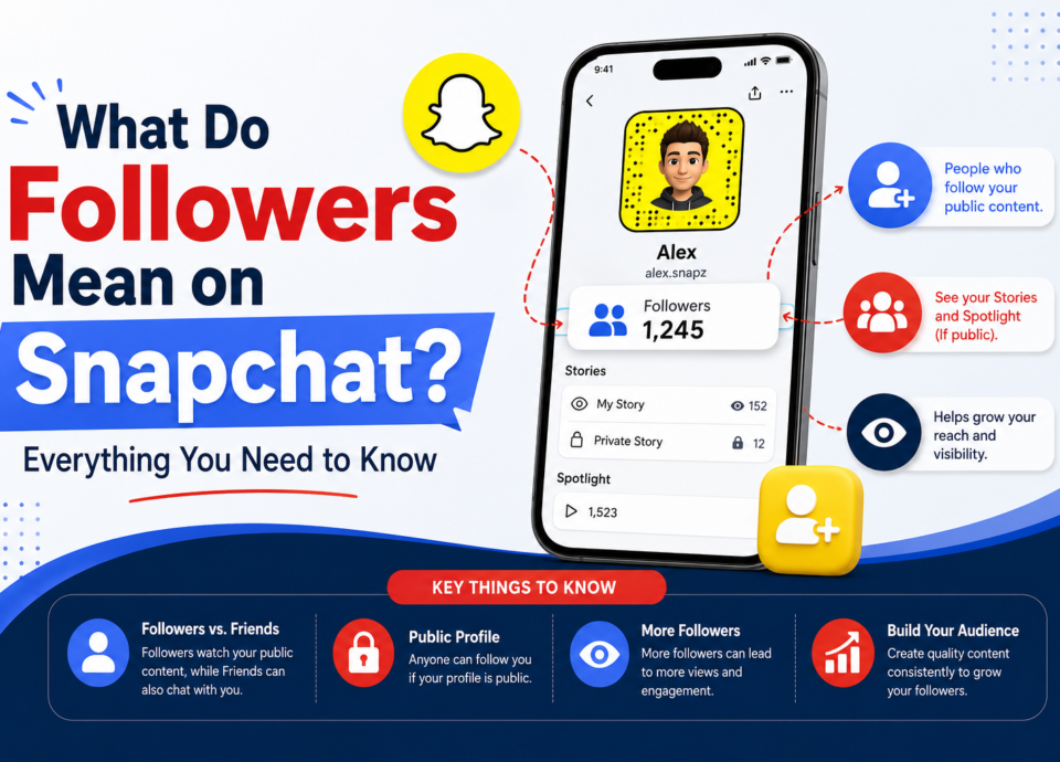 Infographic explaining what followers mean on Snapchat, including Snapchat public profiles, followers vs friends, Story and Spotlight visibility, and how followers help grow your audience.