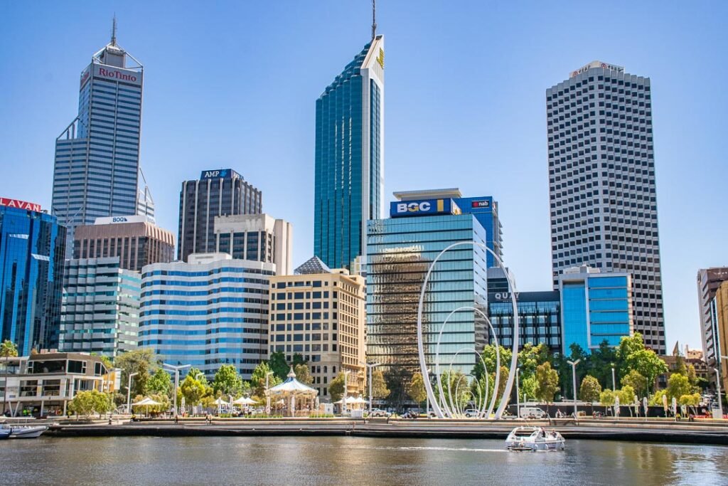 Drone aerial view of Perth skyline and commercial buildings highlighting local SEO Perth business growth