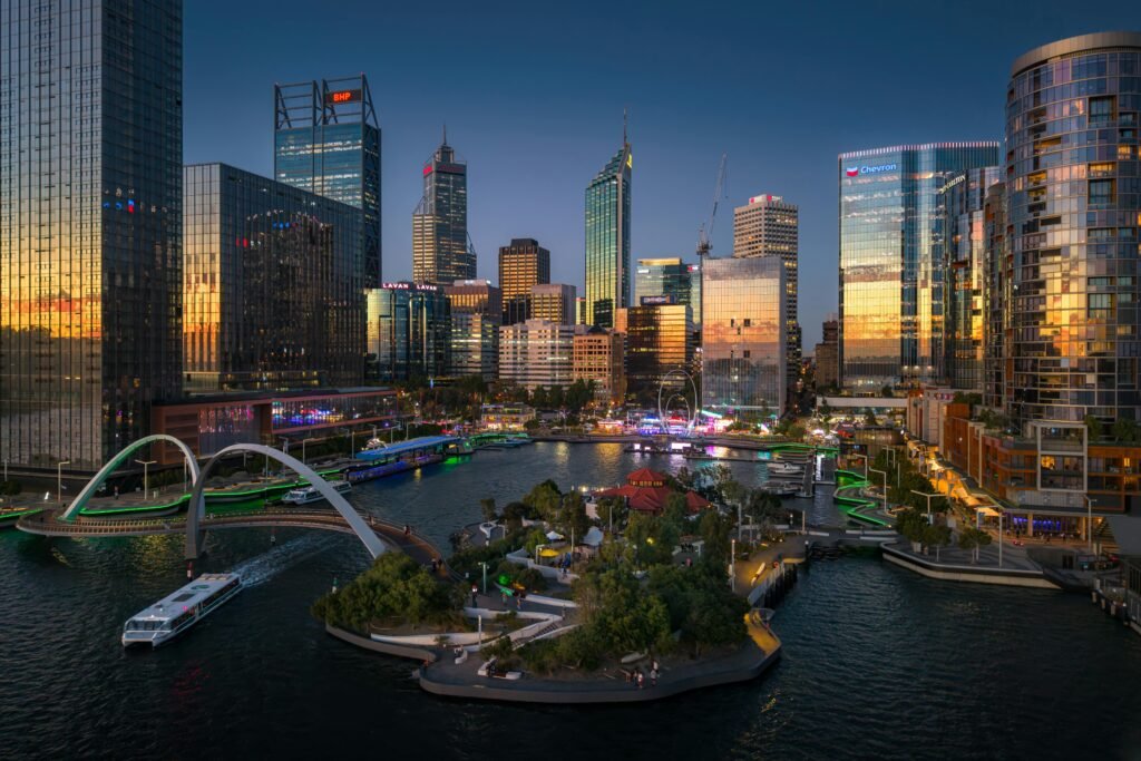 Perth city skyline with Elizabeth Quay waterfront and modern buildings showing the urban landscape of Perth for local SEO Perth businesses