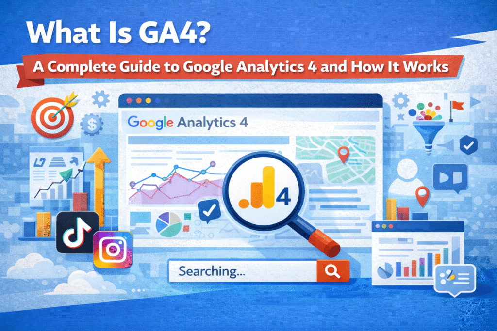 Illustration explaining Google Analytics 4 (GA4) with dashboard charts, magnifying glass, graphs, and social media icons like TikTok and Instagram.