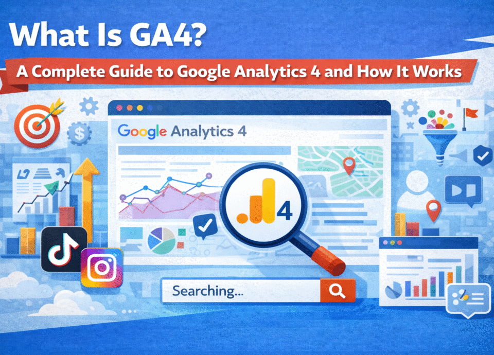 Illustration explaining Google Analytics 4 (GA4) with dashboard charts, magnifying glass, graphs, and social media icons like TikTok and Instagram.