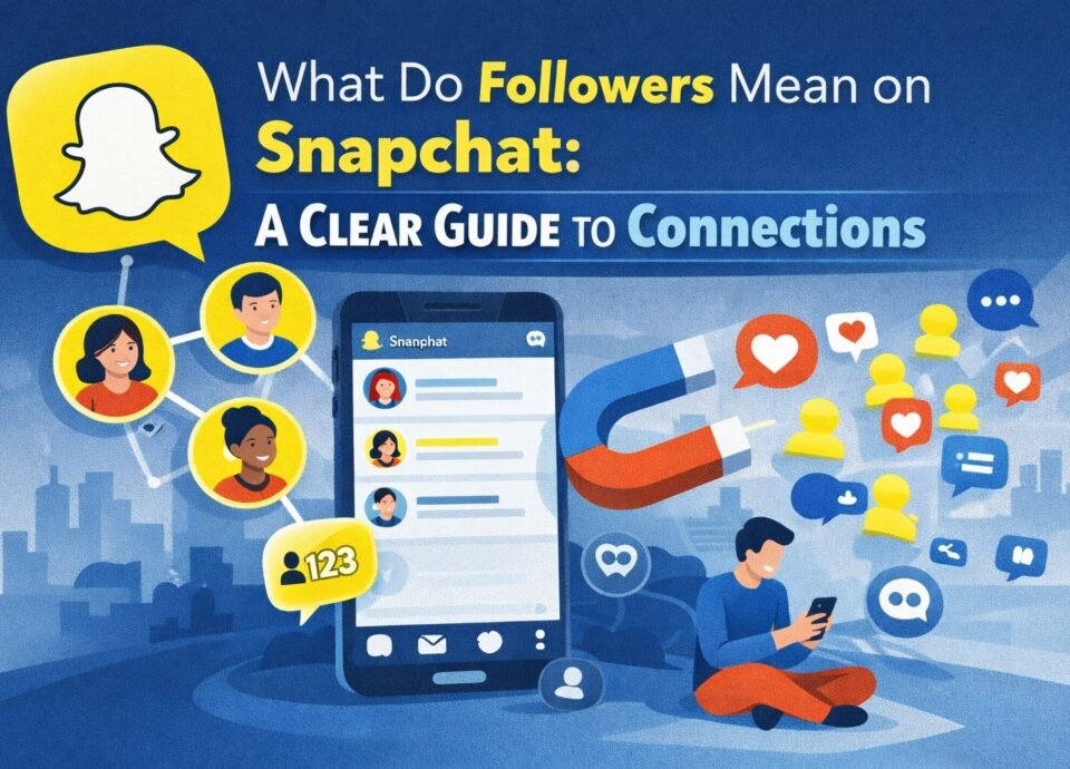 Illustration explaining what followers mean on Snapchat, showing a smartphone with Snapchat interface, user profiles, social icons, and a magnet attracting followers.