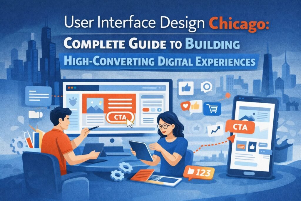 Illustration of user interface design process in Chicago showing designers working on website layouts with CTA buttons, analytics icons, and city skyline background.