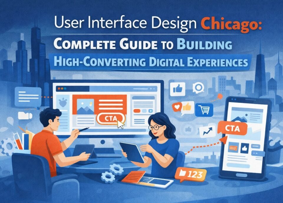 Illustration of user interface design process in Chicago showing designers working on website layouts with CTA buttons, analytics icons, and city skyline background.