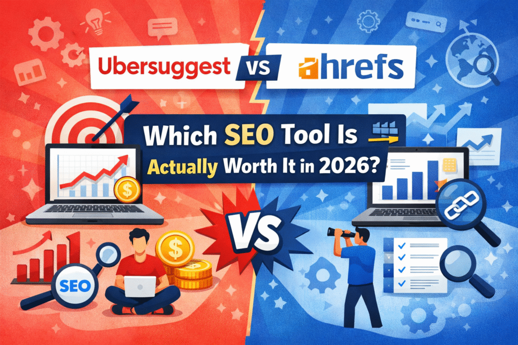 Ubersuggest vs Ahrefs SEO tools comparison infographic showing features, analytics charts, and keyword research tools to decide which SEO tool is worth it in 2026.