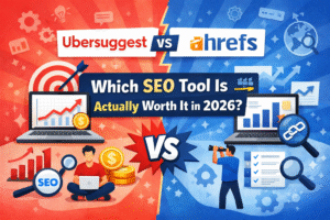 Ubersuggest vs Ahrefs SEO tools comparison infographic showing features, analytics charts, and keyword research tools to decide which SEO tool is worth it in 2026.