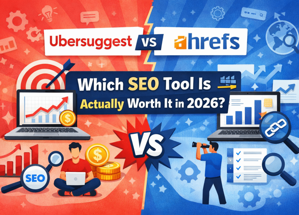 Ubersuggest vs Ahrefs SEO tools comparison infographic showing features, analytics charts, and keyword research tools to decide which SEO tool is worth it in 2026.