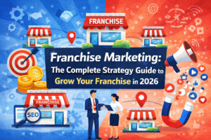 Franchise marketing infographic showing strategy, multiple franchise locations, SEO, social media promotion, and growth tactics for expanding a franchise business in 2026.