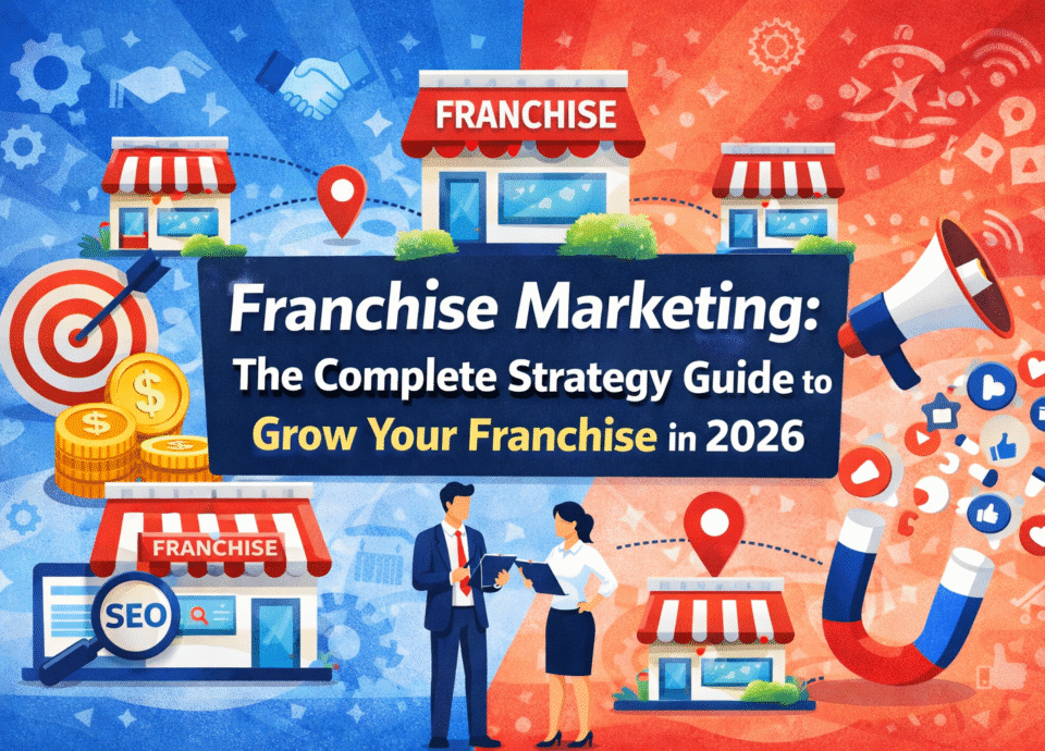 Franchise marketing infographic showing strategy, multiple franchise locations, SEO, social media promotion, and growth tactics for expanding a franchise business in 2026.