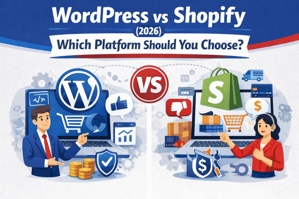 WordPress vs Shopify 2026 comparison infographic showing features, eCommerce tools, pricing, and platform differences