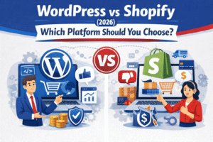 WordPress vs Shopify 2026 comparison infographic showing features, eCommerce tools, pricing, and platform differences