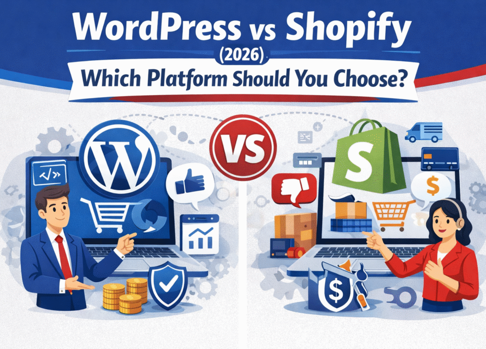 WordPress vs Shopify 2026 comparison infographic showing features, eCommerce tools, pricing, and platform differences