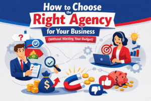 How to choose the right agency for your business infographic showing checklist, budget planning, and marketing strategy visuals