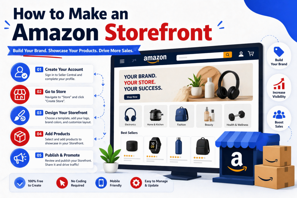 How to make an Amazon storefront infographic showing step-by-step process, product listing, branding, and online store setup