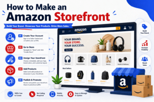 How to make an Amazon storefront infographic showing step-by-step process, product listing, branding, and online store setup